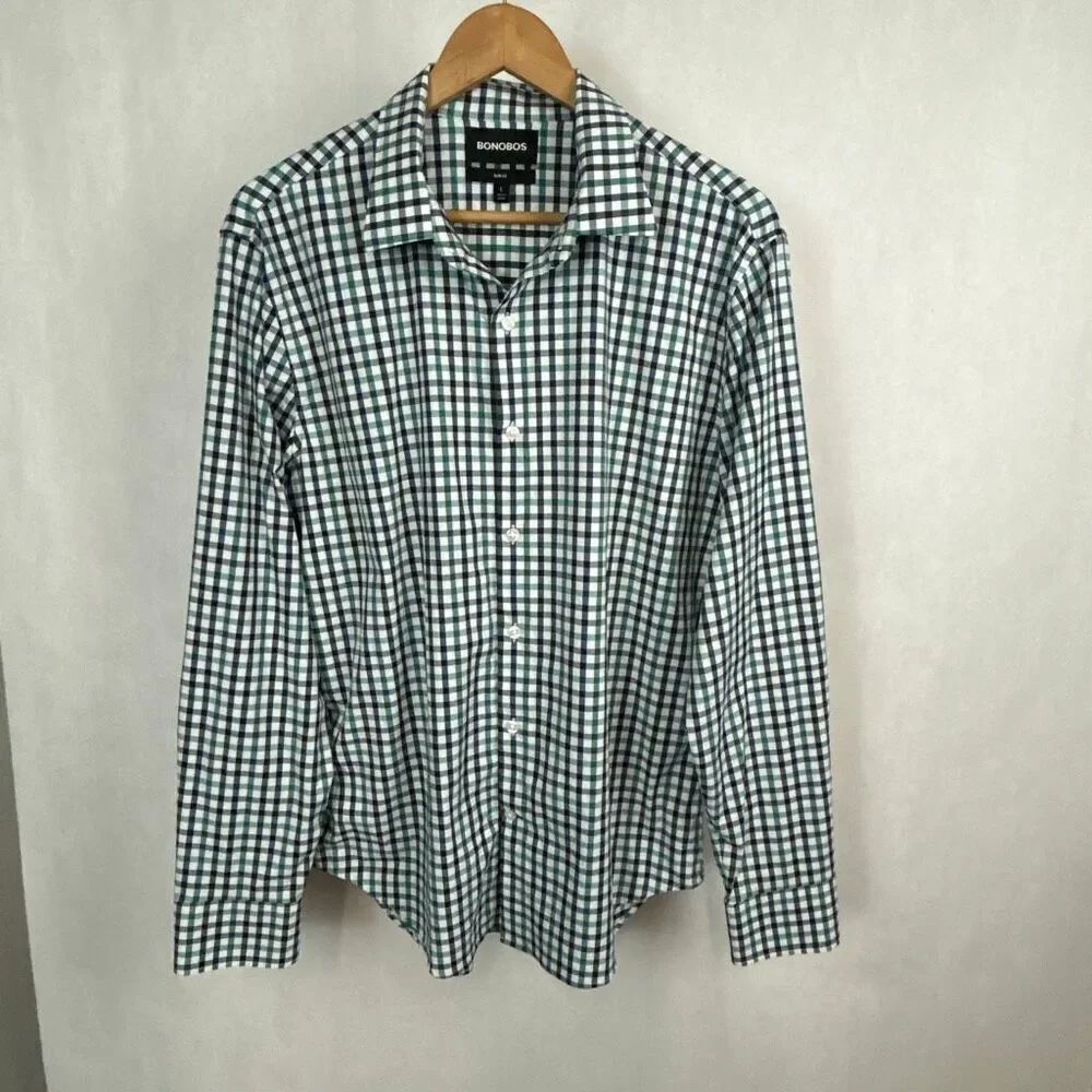 Bonobos Slim Fit Button Front Shirt Mens Sz Large Navy Blue Green White Plaid Lo - Picture 1 of 7